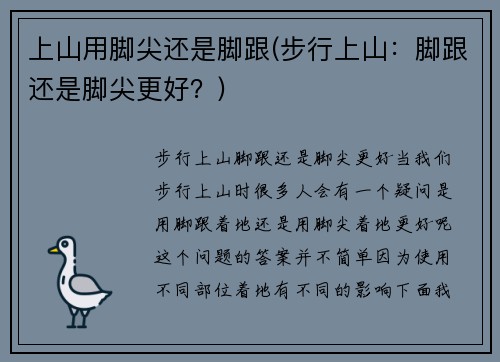 上山用脚尖还是脚跟(步行上山：脚跟还是脚尖更好？)