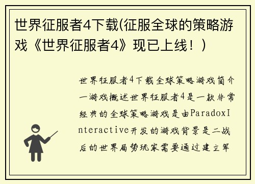 世界征服者4下载(征服全球的策略游戏《世界征服者4》现已上线！)